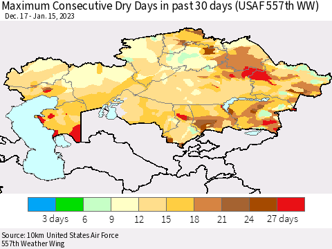 Kazakhstan Maximum Consecutive Dry Days in past 30 days (USAF 557th WW) 01/15/2023 Thematic Map For 1/11/2023 - 1/15/2023