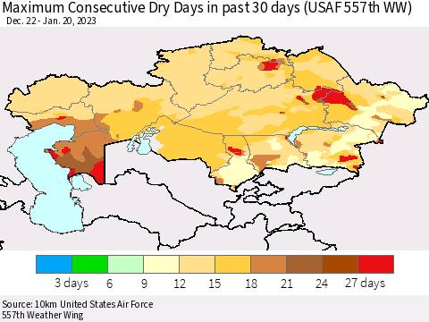 Kazakhstan Maximum Consecutive Dry Days in past 30 days (USAF 557th WW) 01/20/2023 Thematic Map For 1/16/2023 - 1/20/2023