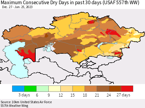 Kazakhstan Maximum Consecutive Dry Days in past 30 days (USAF 557th WW) 01/25/2023 Thematic Map For 1/21/2023 - 1/25/2023