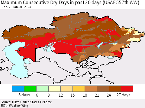 Kazakhstan Maximum Consecutive Dry Days in past 30 days (USAF 557th WW) 01/31/2023 Thematic Map For 1/26/2023 - 1/31/2023