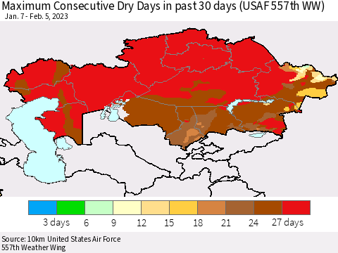Kazakhstan Maximum Consecutive Dry Days in past 30 days (USAF 557th WW) 02/05/2023 Thematic Map For 2/1/2023 - 2/5/2023