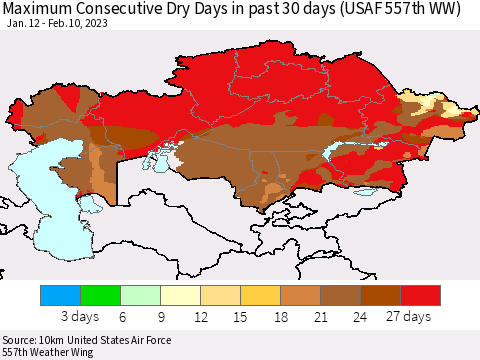 Kazakhstan Maximum Consecutive Dry Days in past 30 days (USAF 557th WW) 02/10/2023 Thematic Map For 2/6/2023 - 2/10/2023