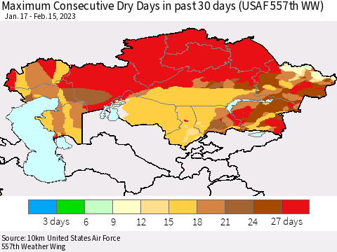 Kazakhstan Maximum Consecutive Dry Days in past 30 days (USAF 557th WW) 02/15/2023 Thematic Map For 2/11/2023 - 2/15/2023