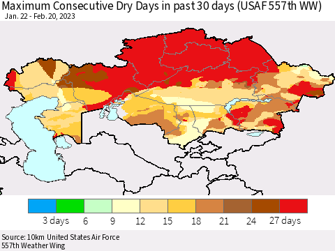 Kazakhstan Maximum Consecutive Dry Days in past 30 days (USAF 557th WW) 02/20/2023 Thematic Map For 2/16/2023 - 2/20/2023