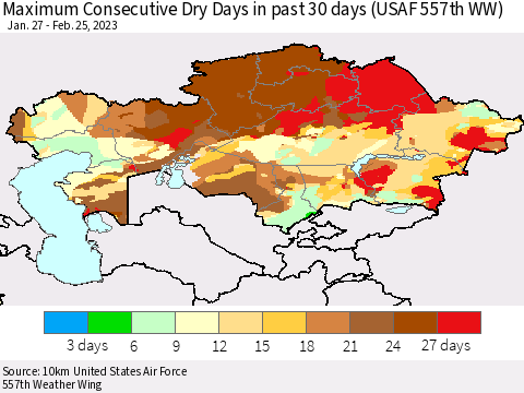 Kazakhstan Maximum Consecutive Dry Days in past 30 days (USAF 557th WW) 02/25/2023 Thematic Map For 2/21/2023 - 2/25/2023