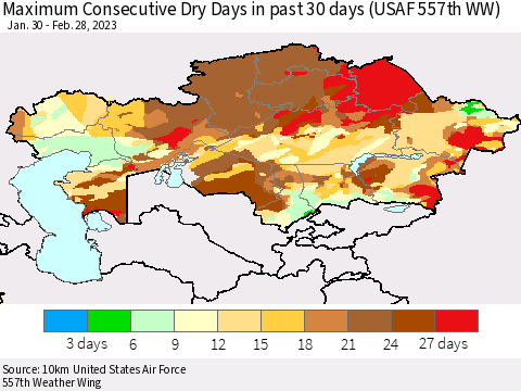 Kazakhstan Maximum Consecutive Dry Days in past 30 days (USAF 557th WW) 02/28/2023 Thematic Map For 2/26/2023 - 2/28/2023