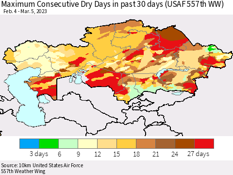 Kazakhstan Maximum Consecutive Dry Days in past 30 days (USAF 557th WW) 03/05/2023 Thematic Map For 3/1/2023 - 3/5/2023