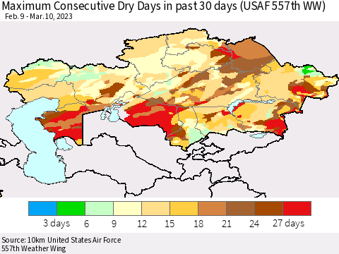 Kazakhstan Maximum Consecutive Dry Days in past 30 days (USAF 557th WW) 03/10/2023 Thematic Map For 3/6/2023 - 3/10/2023