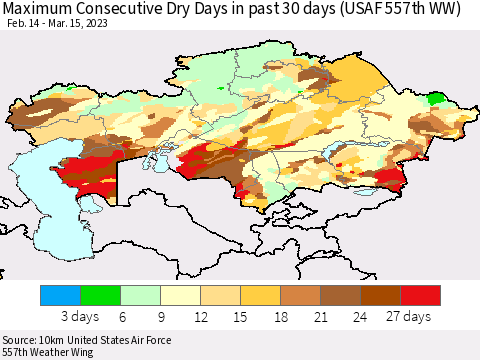 Kazakhstan Maximum Consecutive Dry Days in past 30 days (USAF 557th WW) 03/15/2023 Thematic Map For 3/11/2023 - 3/15/2023