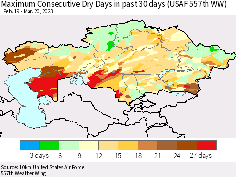 Kazakhstan Maximum Consecutive Dry Days in past 30 days (USAF 557th WW) 03/20/2023 Thematic Map For 3/16/2023 - 3/20/2023