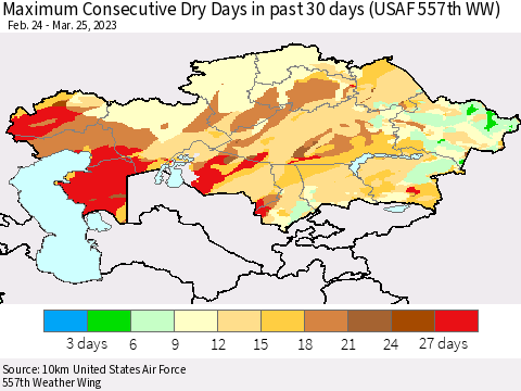 Kazakhstan Maximum Consecutive Dry Days in past 30 days (USAF 557th WW) 03/25/2023 Thematic Map For 3/21/2023 - 3/25/2023
