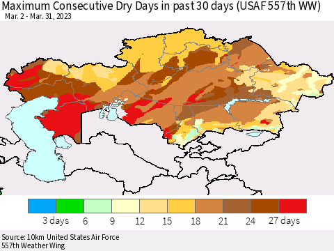 Kazakhstan Maximum Consecutive Dry Days in past 30 days (USAF 557th WW) 03/31/2023 Thematic Map For 3/26/2023 - 3/31/2023