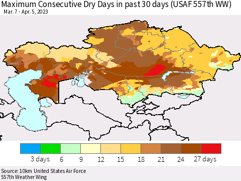 Kazakhstan Maximum Consecutive Dry Days in past 30 days (USAF 557th WW) 04/05/2023 Thematic Map For 4/1/2023 - 4/5/2023