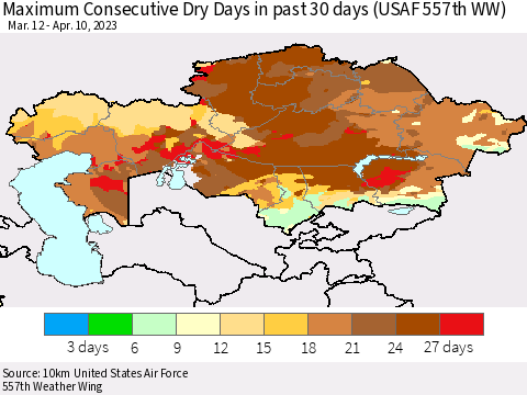Kazakhstan Maximum Consecutive Dry Days in past 30 days (USAF 557th WW) 04/10/2023 Thematic Map For 4/6/2023 - 4/10/2023