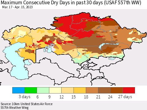 Kazakhstan Maximum Consecutive Dry Days in past 30 days (USAF 557th WW) 04/15/2023 Thematic Map For 4/11/2023 - 4/15/2023