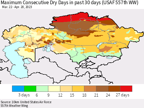 Kazakhstan Maximum Consecutive Dry Days in past 30 days (USAF 557th WW) 04/20/2023 Thematic Map For 4/16/2023 - 4/20/2023