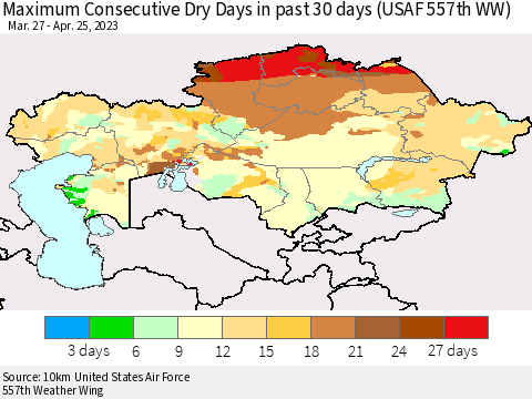 Kazakhstan Maximum Consecutive Dry Days in past 30 days (USAF 557th WW) 04/25/2023 Thematic Map For 4/21/2023 - 4/25/2023