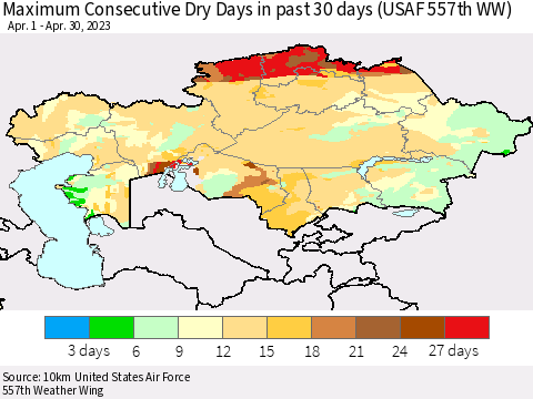 Kazakhstan Maximum Consecutive Dry Days in past 30 days (USAF 557th WW) 04/30/2023 Thematic Map For 4/26/2023 - 4/30/2023
