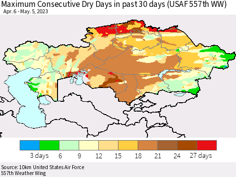 Kazakhstan Maximum Consecutive Dry Days in past 30 days (USAF 557th WW) 05/05/2023 Thematic Map For 5/1/2023 - 5/5/2023
