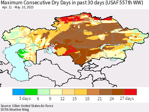 Kazakhstan Maximum Consecutive Dry Days in past 30 days (USAF 557th WW) 05/10/2023 Thematic Map For 5/6/2023 - 5/10/2023