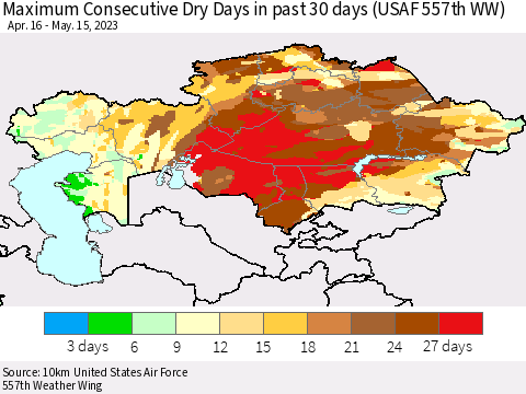 Kazakhstan Maximum Consecutive Dry Days in past 30 days (USAF 557th WW) 05/15/2023 Thematic Map For 5/11/2023 - 5/15/2023