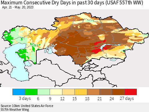 Kazakhstan Maximum Consecutive Dry Days in past 30 days (USAF 557th WW) 05/20/2023 Thematic Map For 5/16/2023 - 5/20/2023