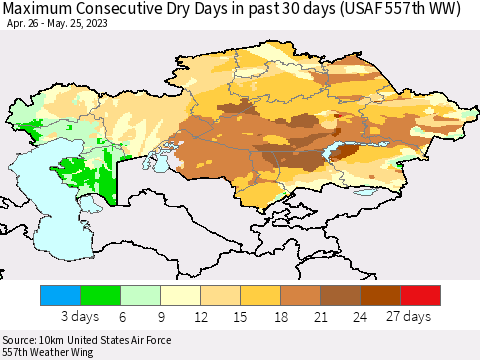 Kazakhstan Maximum Consecutive Dry Days in past 30 days (USAF 557th WW) 05/25/2023 Thematic Map For 5/21/2023 - 5/25/2023