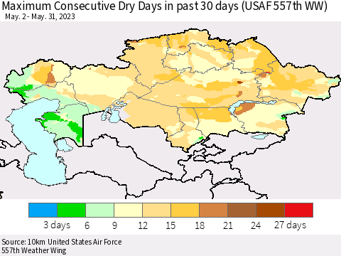 Kazakhstan Maximum Consecutive Dry Days in past 30 days (USAF 557th WW) 05/31/2023 Thematic Map For 5/26/2023 - 5/31/2023