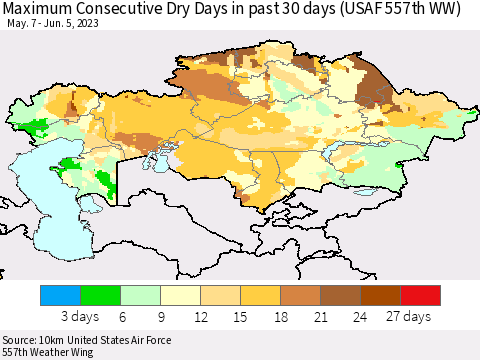 Kazakhstan Maximum Consecutive Dry Days in past 30 days (USAF 557th WW) 06/05/2023 Thematic Map For 6/1/2023 - 6/5/2023