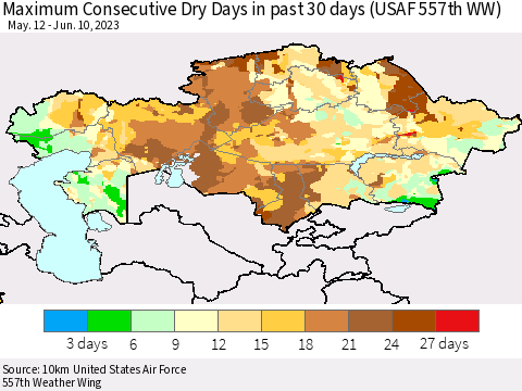 Kazakhstan Maximum Consecutive Dry Days in past 30 days (USAF 557th WW) 06/10/2023 Thematic Map For 6/6/2023 - 6/10/2023