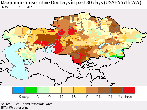 Kazakhstan Maximum Consecutive Dry Days in past 30 days (USAF 557th WW) 06/15/2023 Thematic Map For 6/11/2023 - 6/15/2023