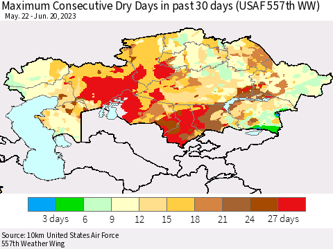 Kazakhstan Maximum Consecutive Dry Days in past 30 days (USAF 557th WW) 06/20/2023 Thematic Map For 6/16/2023 - 6/20/2023