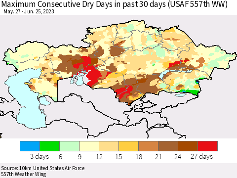 Kazakhstan Maximum Consecutive Dry Days in past 30 days (USAF 557th WW) 06/25/2023 Thematic Map For 6/21/2023 - 6/25/2023