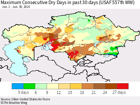 Kazakhstan Maximum Consecutive Dry Days in past 30 days (USAF 557th WW) 06/30/2023 Thematic Map For 6/26/2023 - 6/30/2023