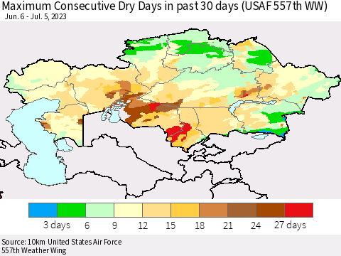 Kazakhstan Maximum Consecutive Dry Days in past 30 days (USAF 557th WW) 07/05/2023 Thematic Map For 7/1/2023 - 7/5/2023
