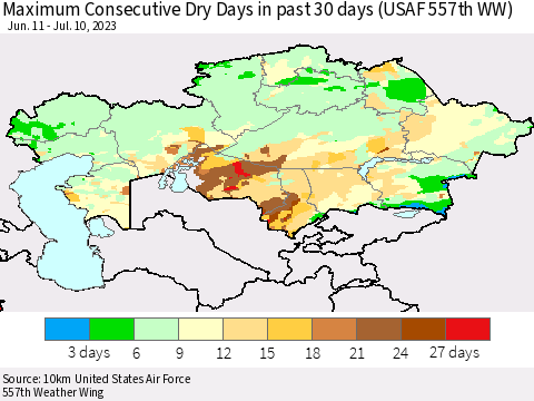 Kazakhstan Maximum Consecutive Dry Days in past 30 days (USAF 557th WW) 07/10/2023 Thematic Map For 7/6/2023 - 7/10/2023