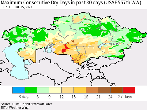 Kazakhstan Maximum Consecutive Dry Days in past 30 days (USAF 557th WW) 07/15/2023 Thematic Map For 7/11/2023 - 7/15/2023