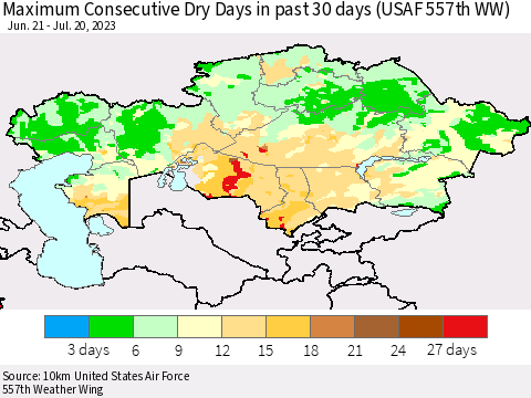 Kazakhstan Maximum Consecutive Dry Days in past 30 days (USAF 557th WW) 07/20/2023 Thematic Map For 7/16/2023 - 7/20/2023