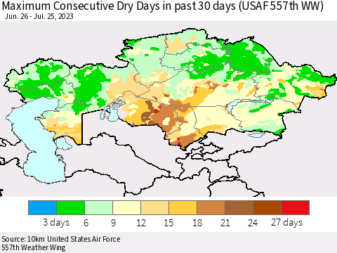 Kazakhstan Maximum Consecutive Dry Days in past 30 days (USAF 557th WW) 07/25/2023 Thematic Map For 7/21/2023 - 7/25/2023