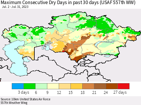 Kazakhstan Maximum Consecutive Dry Days in past 30 days (USAF 557th WW) 07/31/2023 Thematic Map For 7/26/2023 - 7/31/2023