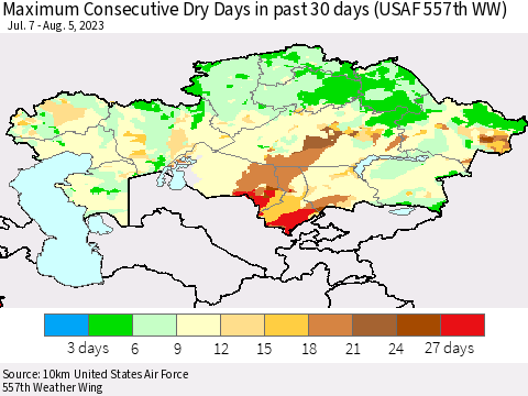 Kazakhstan Maximum Consecutive Dry Days in past 30 days (USAF 557th WW) 08/05/2023 Thematic Map For 8/1/2023 - 8/5/2023