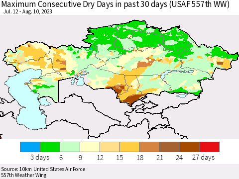 Kazakhstan Maximum Consecutive Dry Days in past 30 days (USAF 557th WW) 08/10/2023 Thematic Map For 8/6/2023 - 8/10/2023