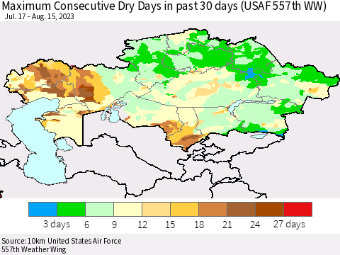 Kazakhstan Maximum Consecutive Dry Days in past 30 days (USAF 557th WW) 08/15/2023 Thematic Map For 8/11/2023 - 8/15/2023