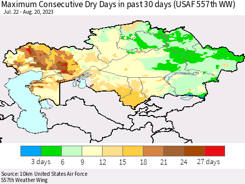 Kazakhstan Maximum Consecutive Dry Days in past 30 days (USAF 557th WW) 08/20/2023 Thematic Map For 8/16/2023 - 8/20/2023
