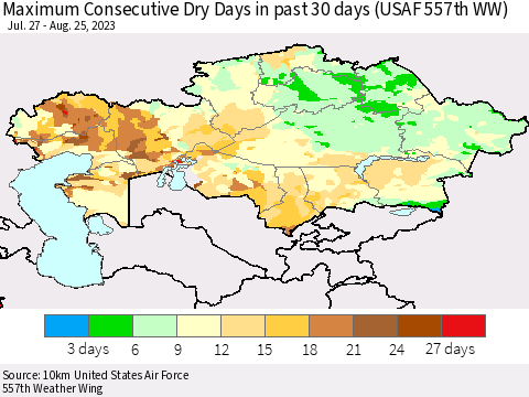 Kazakhstan Maximum Consecutive Dry Days in past 30 days (USAF 557th WW) 08/25/2023 Thematic Map For 8/21/2023 - 8/25/2023