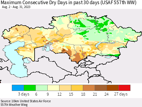 Kazakhstan Maximum Consecutive Dry Days in past 30 days (USAF 557th WW) 08/31/2023 Thematic Map For 8/26/2023 - 8/31/2023