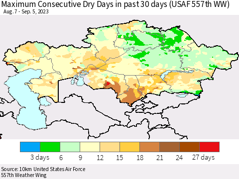 Kazakhstan Maximum Consecutive Dry Days in past 30 days (USAF 557th WW) 09/05/2023 Thematic Map For 9/1/2023 - 9/5/2023