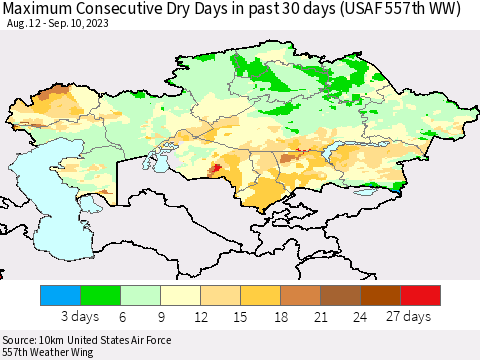 Kazakhstan Maximum Consecutive Dry Days in past 30 days (USAF 557th WW) 09/10/2023 Thematic Map For 9/6/2023 - 9/10/2023