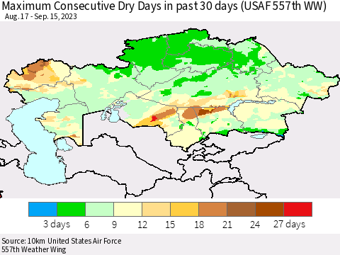 Kazakhstan Maximum Consecutive Dry Days in past 30 days (USAF 557th WW) 09/15/2023 Thematic Map For 9/11/2023 - 9/15/2023