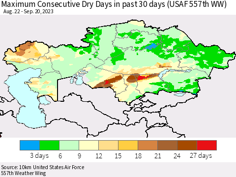 Kazakhstan Maximum Consecutive Dry Days in past 30 days (USAF 557th WW) 09/20/2023 Thematic Map For 9/16/2023 - 9/20/2023